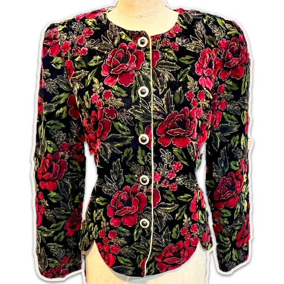 VINTAGE 80s velvet rose waistcoat bodice jacket blazer Victorian gothic floral - Picture 3 of 15